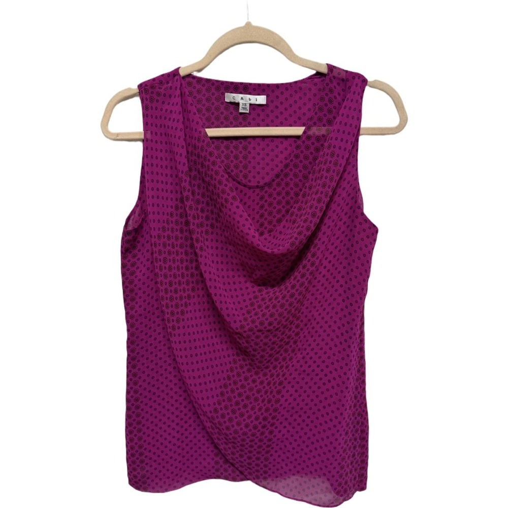 CAbi Style 983 Sleeveless Cowl Neck Blouse XS Fuchsia Pink Polka Dot Drape Top
